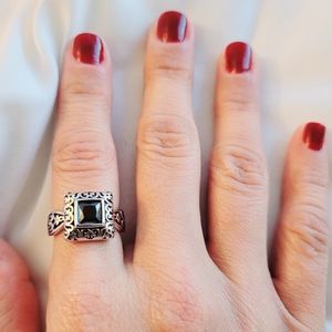 Sterling Silver 925 Square Princess Cut Black Onyx Filigree Ring, 8